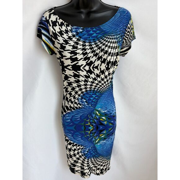 J Y2K Houndstooth Mini Bodycon Dress Size S Blue 2000s Floral Abstract Date Cute - Picture 1 of 9